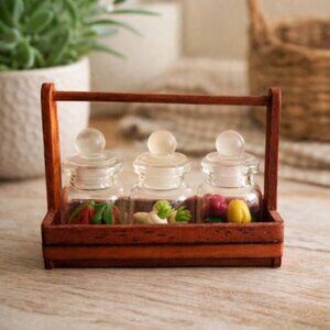 Miniature Food Glass Jars w Wooden Rack - Singapore Peppers Watermelon Handmade